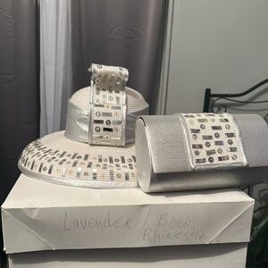 Elegant Silver and White Hat and Clutch Set